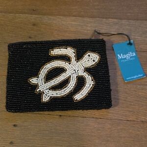 Magita Black Beaded Coin Purse with Turtle Design On Both Sides- NEW